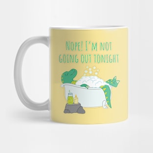 Funny bathing dinosaur spa day illustration with yellow background Mug